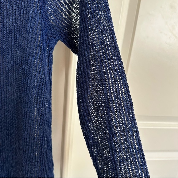 Eileen Fisher size Large Blue Linen Blend Open Weave Sweater Asymmetrical V Neck - Picture 3 of 7